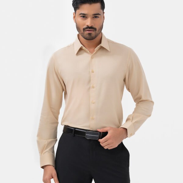 Beige Blended Long Sleeve Business Formal Shirt